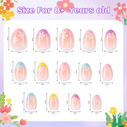 Kawyehu 90-Pieces Kids Press-On Nails | 3-Pack Colorful Almond Nails for Girls 8–12 + Glue
