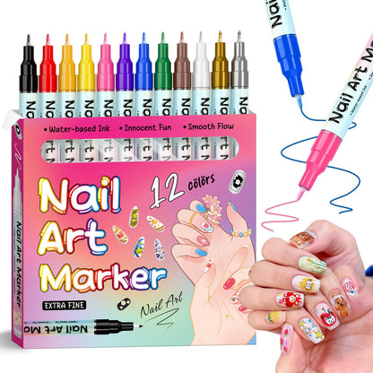 KAYLLE&KT 12-Color Nail Art Pens Set - Waterproof, Quick-Dry DIY Nail Markers