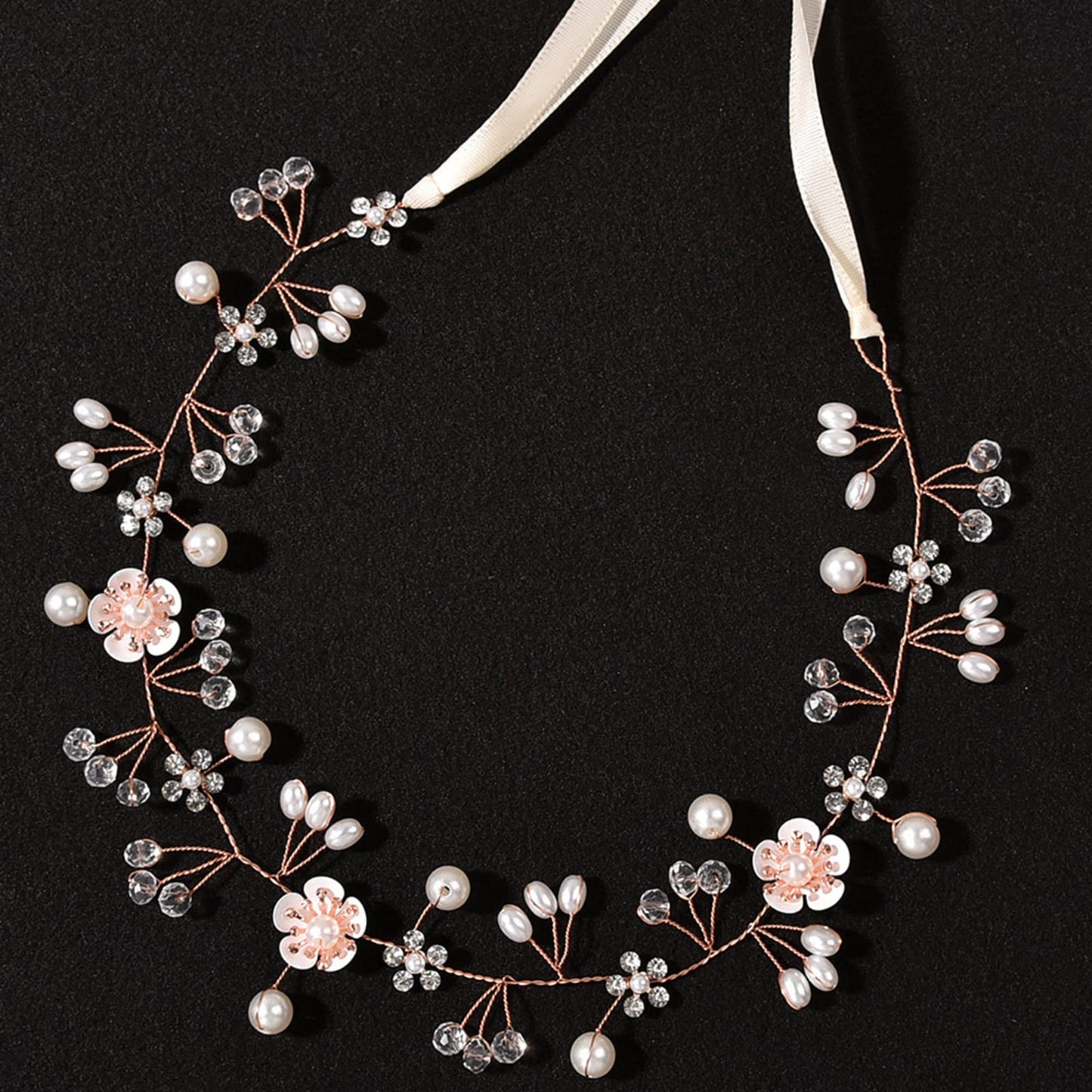KAYZON Flower Girl Headpiece Rose Gold — Pearl and Flower Bridal Hair Accessory