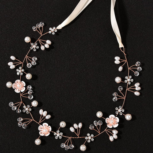 KAYZON Flower Girl Headpiece Rose Gold — Pearl and Flower Bridal Hair Accessory