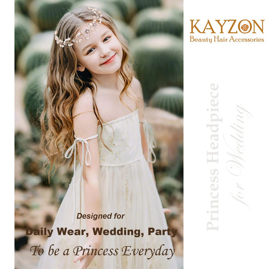 KAYZON Flower Girl Headpiece Rose Gold — Pearl and Flower Bridal Hair Accessory
