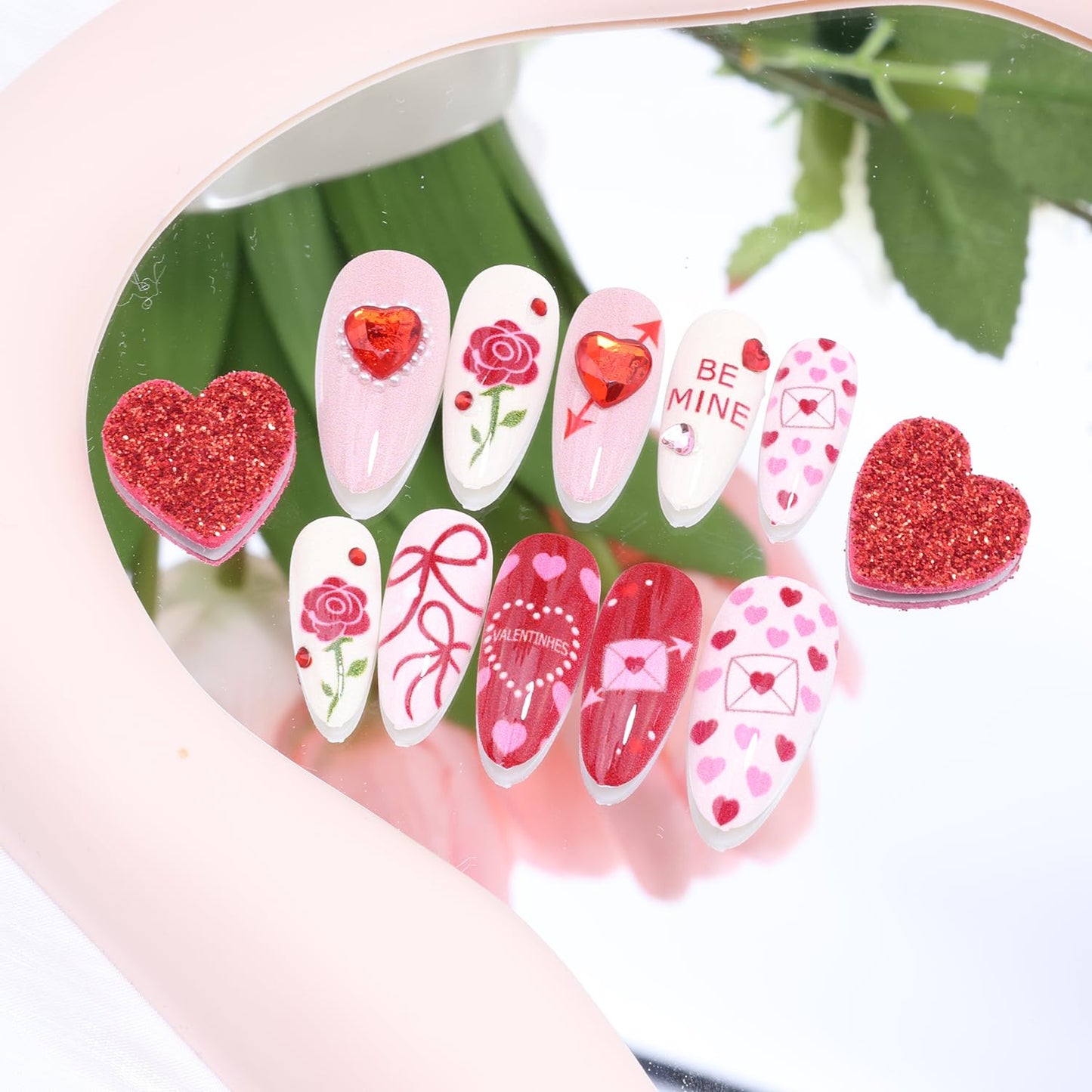 KEHKFSEF Valentines Press-On Nails – Medium Almond, 3D Heart Designs, 24 pcs