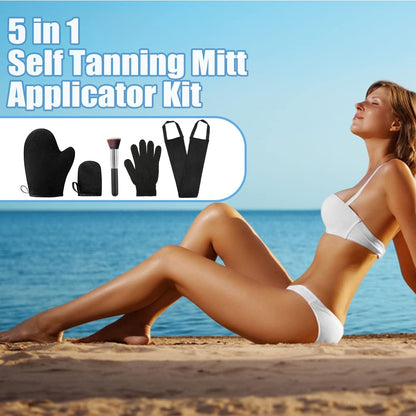 KELILO 5-in-1 Self Tanning Mitt Applicator Set | Exfoliating Mitt, Back Applicator, Face Mitt