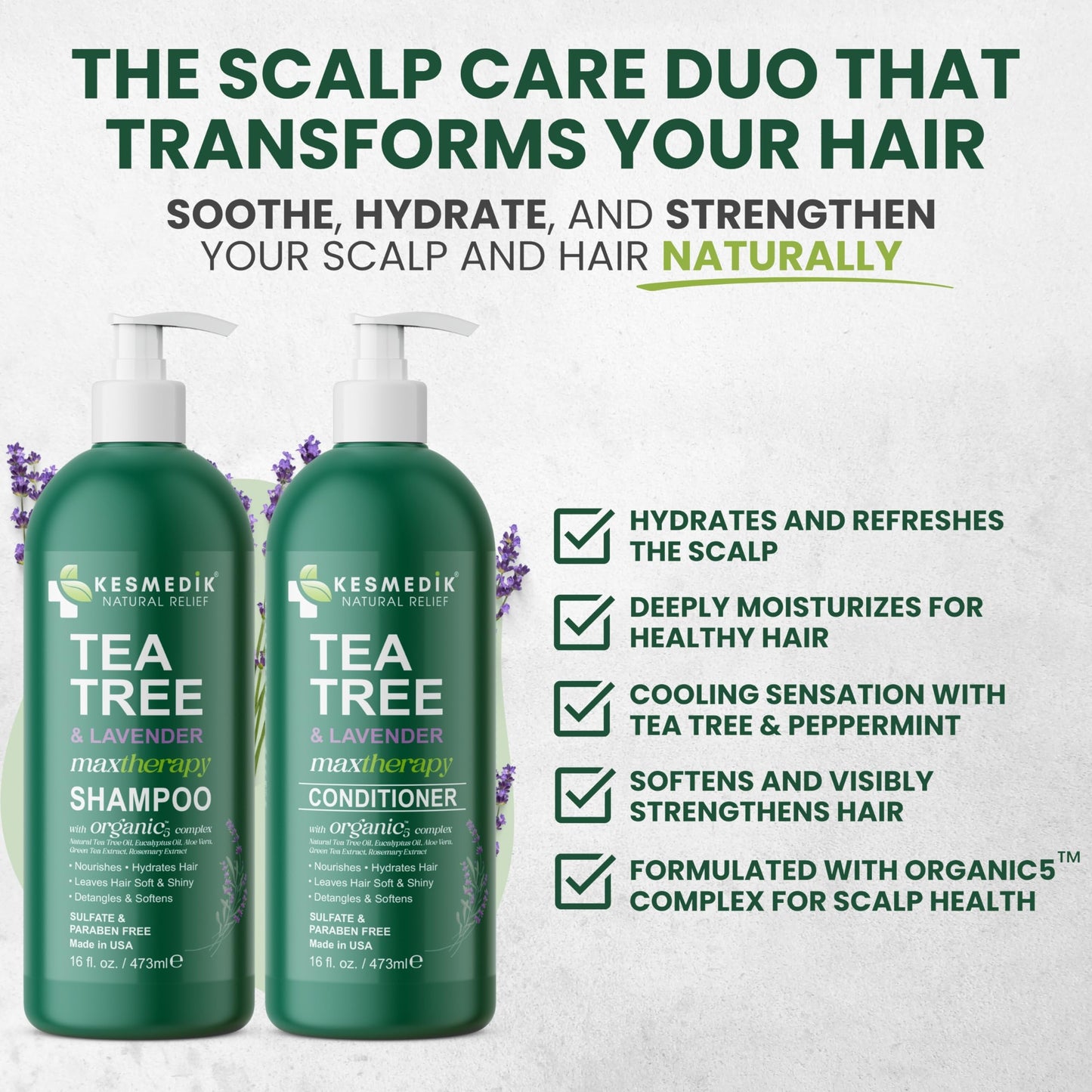 KESMEDIK Tea Tree Lavender Shampoo & Conditioner Set – Sulfate & Paraben-Free, Cooling & Soothing, All Hair Types, 16 fl oz Each