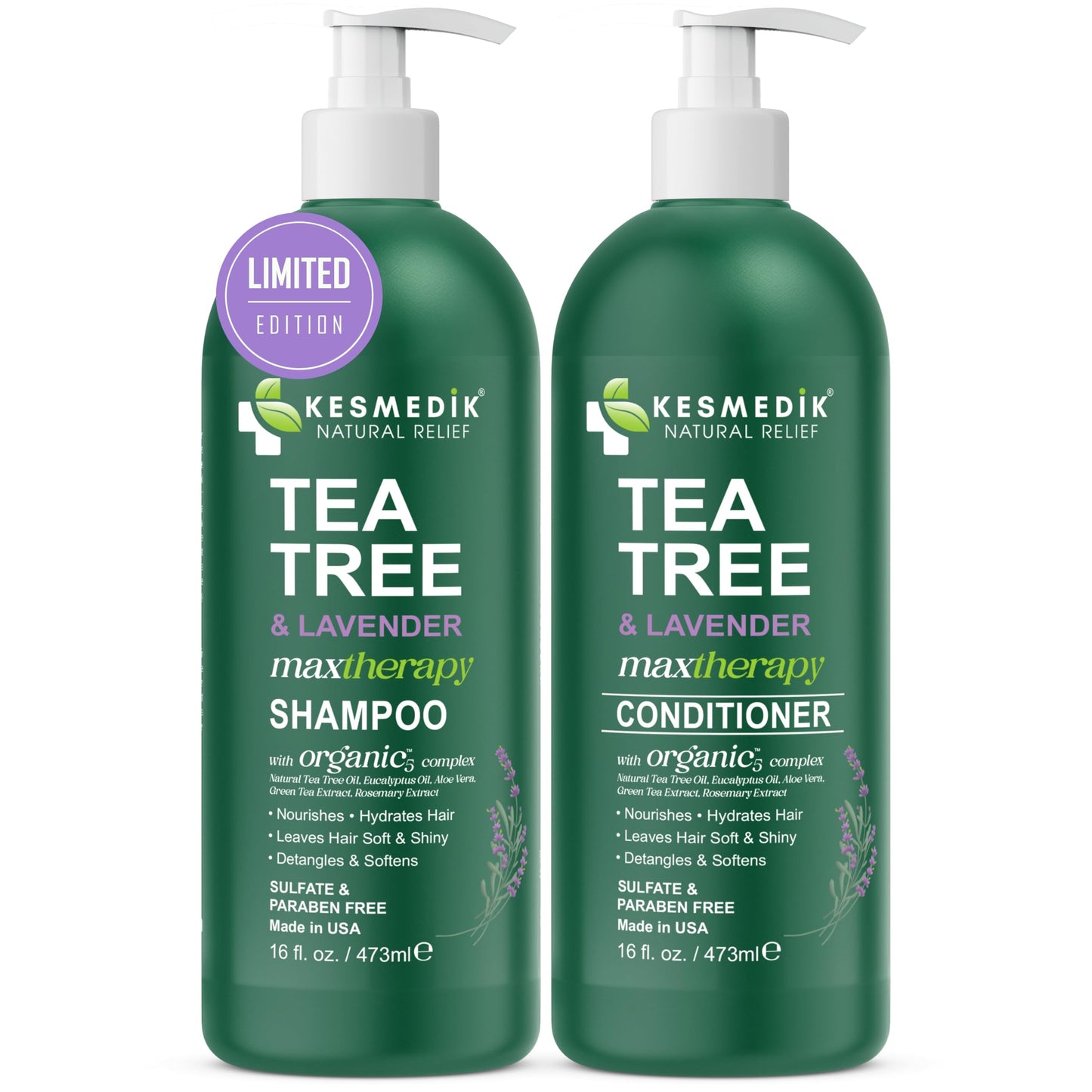 KESMEDIK Tea Tree Lavender Shampoo & Conditioner Set – Sulfate & Paraben-Free, Cooling & Soothing, All Hair Types, 16 fl oz Each