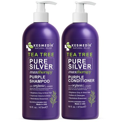 KESMEDIK Tea Tree Purple Shampoo & Conditioner Set – Anti-Brass Toner for Gray, Bleached, White & Blonde Hair | Sulfate-Free