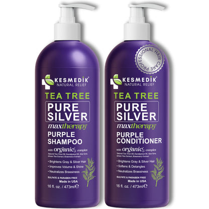 KESMEDIK Tea Tree Purple Shampoo & Conditioner Set – Anti-Brass Toner for Gray, Bleached, White & Blonde Hair | Sulfate-Free