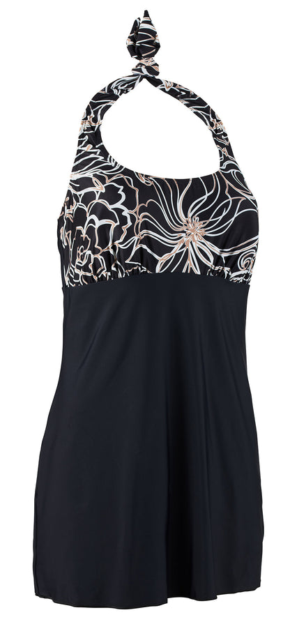 Women’s Incontinence Swim Dress with Built-In Waterproof Briefs – Black Floral