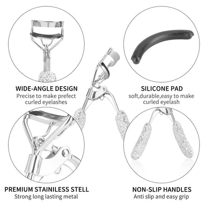 KEYPOWER Bling Rhinestone Eyelash Curler – Stainless Steel, All Eye Shapes, Curved Lash Curler (White)