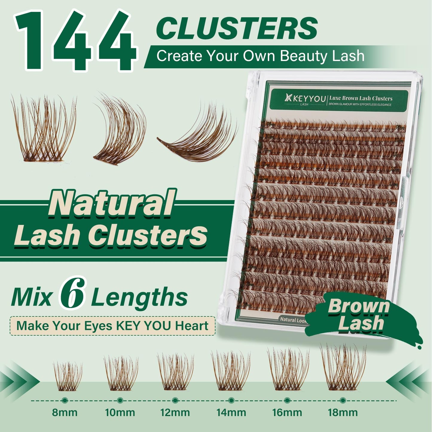 KEYYOU Brown Lash Clusters 144pcs — 8-18mm D Curl for Natural DIY Lash Extensions