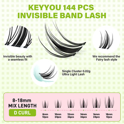 KEYYOU Fairy Lash Clusters 144Pcs | D Curl Manga Lashes, Invisible Band, Waterproof DIY Lash Extensions