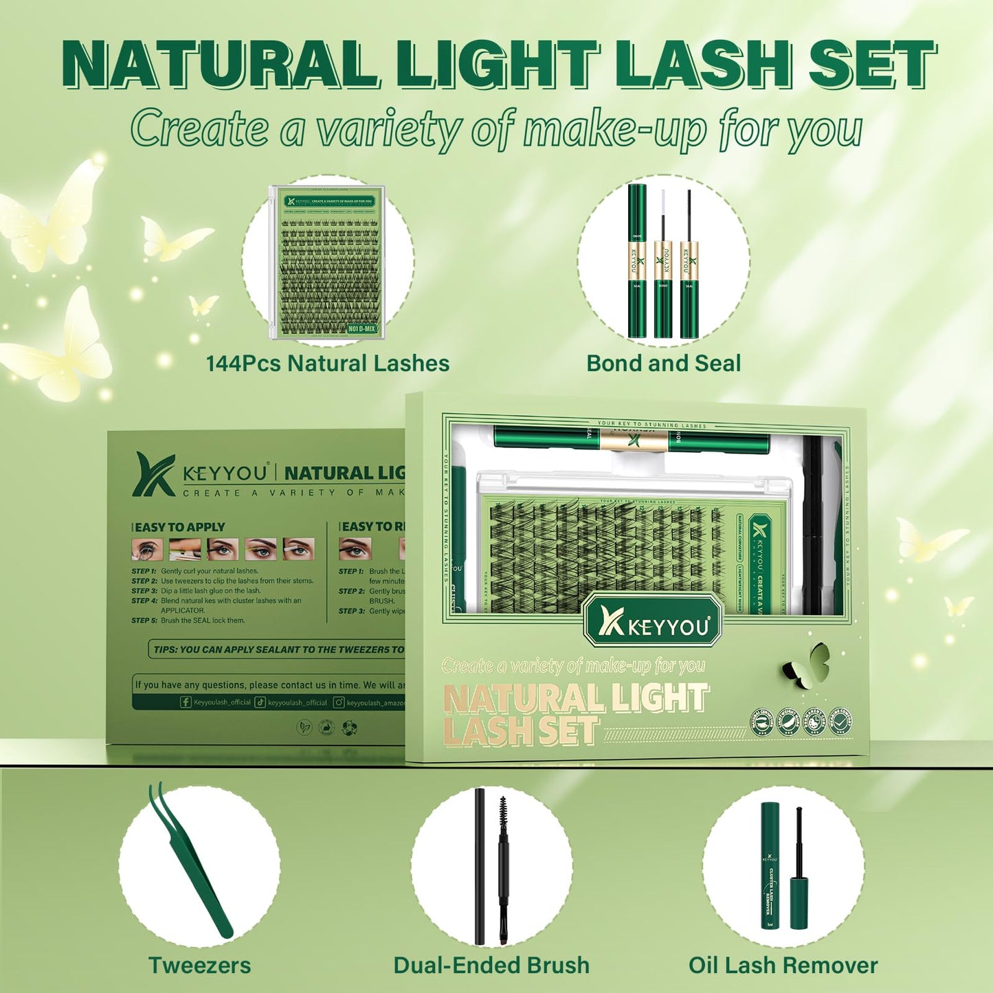 KEYYOU Natural Lash Clusters Kit 144pcs DIY Lash Extensions D Curl 8-18 Mix