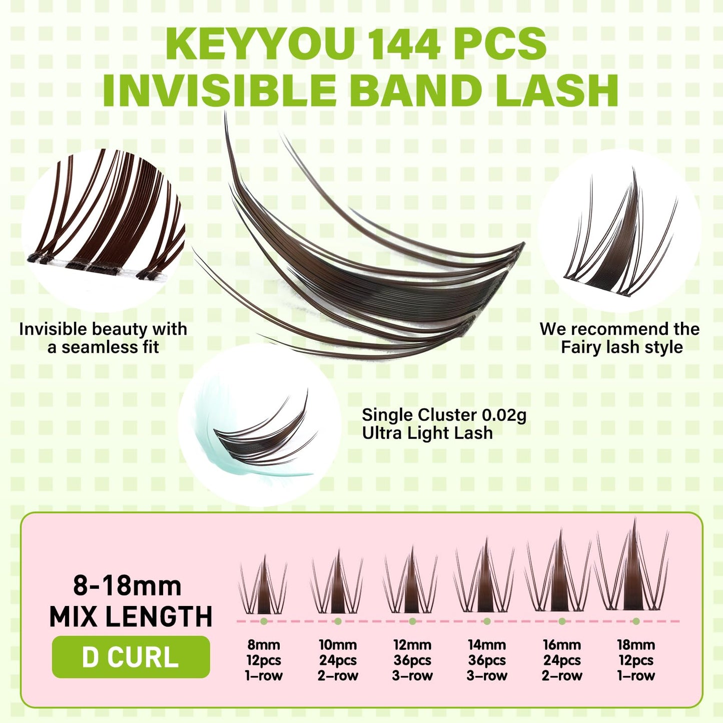 KEYYOU Fairy Brown Lash Clusters | D Curl 144Pcs | Waterproof DIY Lash Extensions at Home
