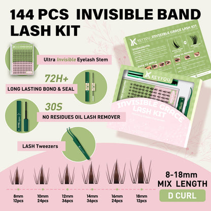 KEYYOU Fairy Brown Lash Clusters Kit – D Curl, 144 Pcs, Invisible Band, Waterproof DIY Lash Extensions at Home
