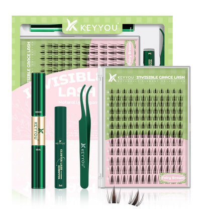 KEYYOU Fairy Brown Lash Clusters Kit – D Curl, 144 Pcs, Invisible Band, Waterproof DIY Lash Extensions at Home