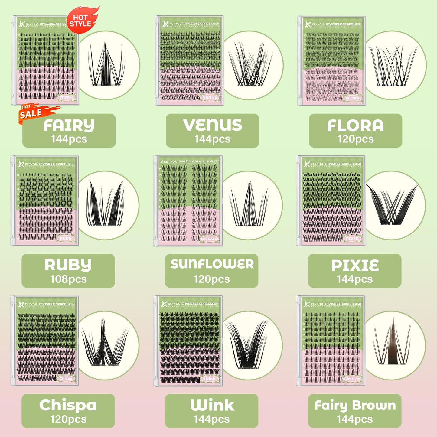 KEYYOU Fairy Brown Lash Clusters Kit – D Curl, 144 Pcs, Invisible Band, Waterproof DIY Lash Extensions at Home
