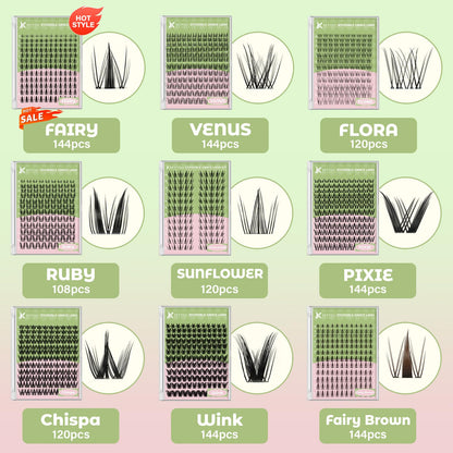 KEYYOU Fairy Brown Lash Clusters Kit – D Curl, 144 Pcs, Invisible Band, Waterproof DIY Lash Extensions at Home