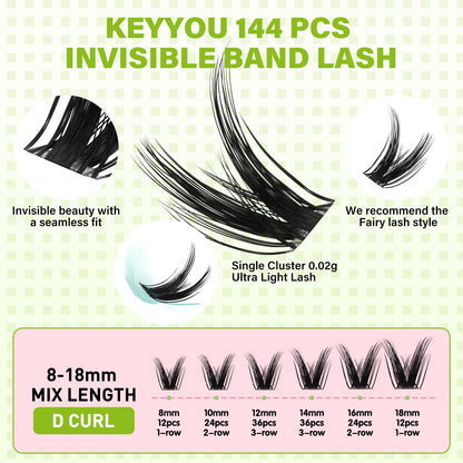 KEYYOU Fairy Wink Lash Clusters D Curl 144Pcs – Invisible Band, DIY at Home