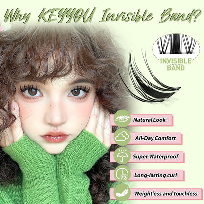 KEYYOU Fairy Lash Clusters 144Pcs | D Curl Manga Lashes, Invisible Band, Waterproof DIY Lash Extensions