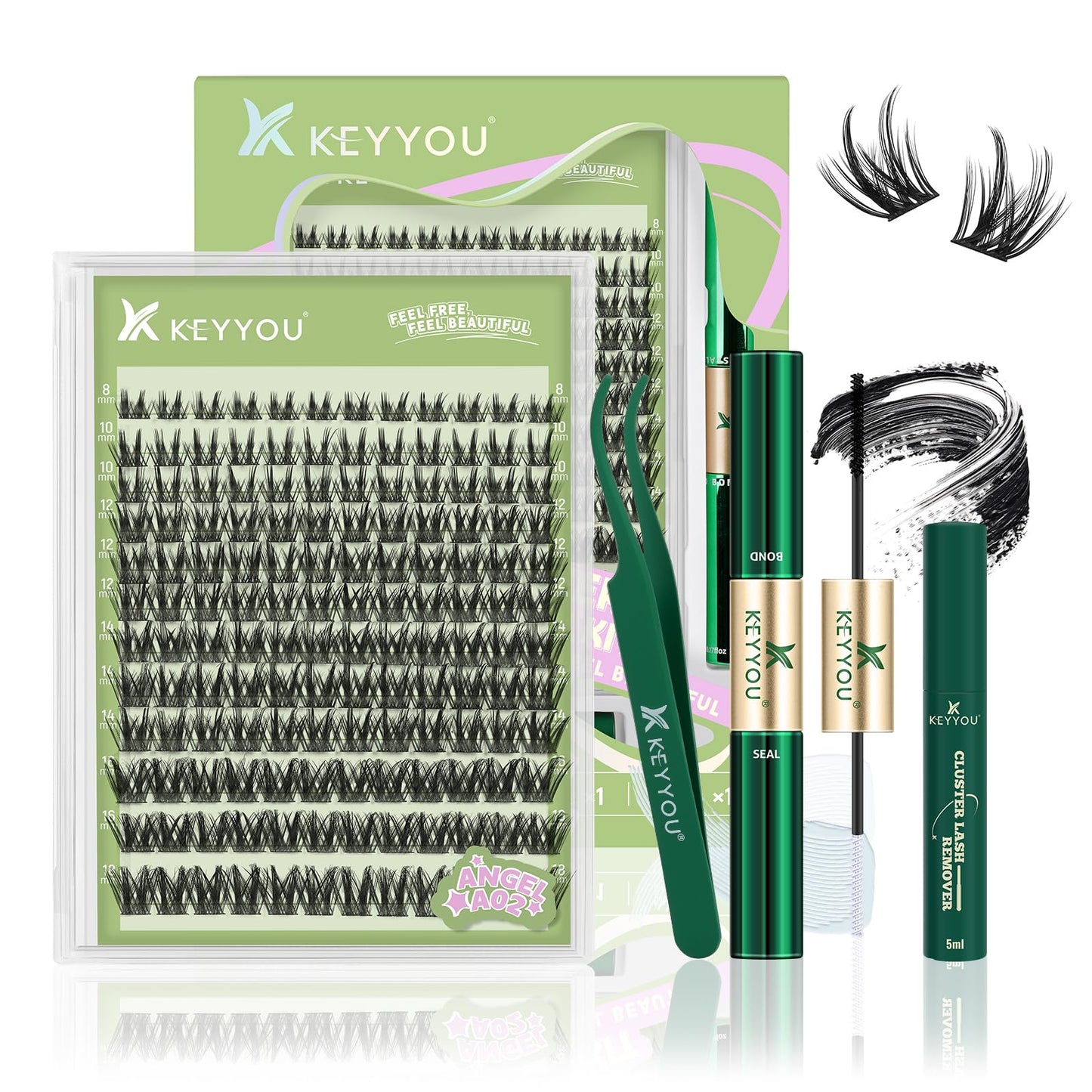 KEYYOU LASH Extension Kit 144Pcs Angel Lash Clusters – DIY Home Kit with Glue, Sealer, Tweezers & Remover
