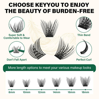 KEYYOU Lash Clusters 144pcs – 18mm DCurl, Ultra-Lightweight & All-Day Comfort | DIY at Home