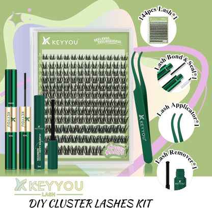 KEYYOU LASH Extension Kit 144Pcs Angel Lash Clusters – DIY Home Kit with Glue, Sealer, Tweezers & Remover