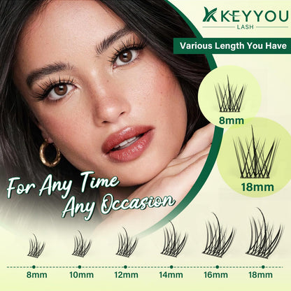 KEYYOU LASH Lash Clusters Kit F03 – Manga Lashes 8-18mm C Curl, 144pcs with Remover & Seal