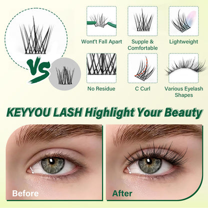 KEYYOU LASH Lash Clusters Kit F03 – Manga Lashes 8-18mm C Curl, 144pcs with Remover & Seal