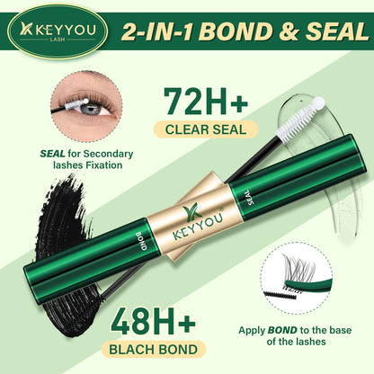 KEYYOU Lash Bond & Seal Glue — 72H Waterproof Hold for DIY Lash Clusters (Black, 10ml)