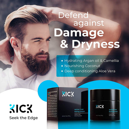 Kick Active Men's Hair Cream – Medium Hold, Non-Greasy, Thickening, Hydration, Anti-Greying – 2 oz