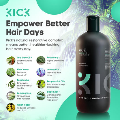 Kick Mens Shampoo - Peppermint & Tea Tree for Oil Control | Sulfate-Free, Cruelty-Free 16.6oz