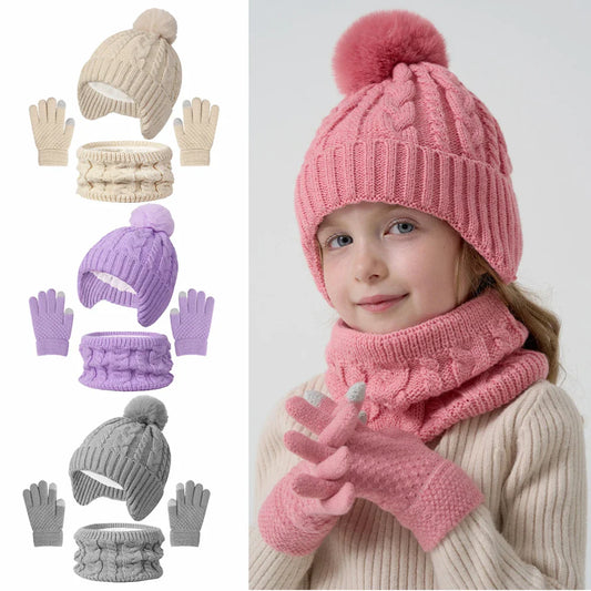 Kids 3-Piece Knitted Winter Set – Hat Scarf Gloves with Fleece Lining