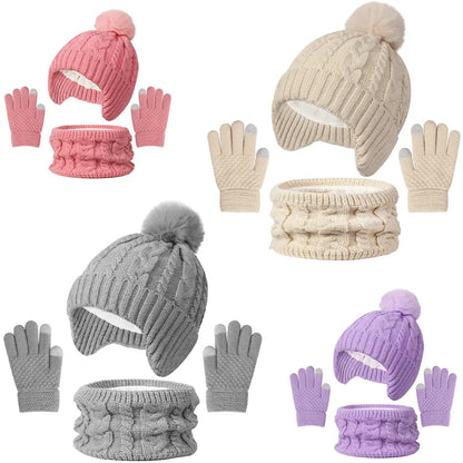 Kids 3-Piece Knitted Winter Set – Hat Scarf Gloves with Fleece Lining