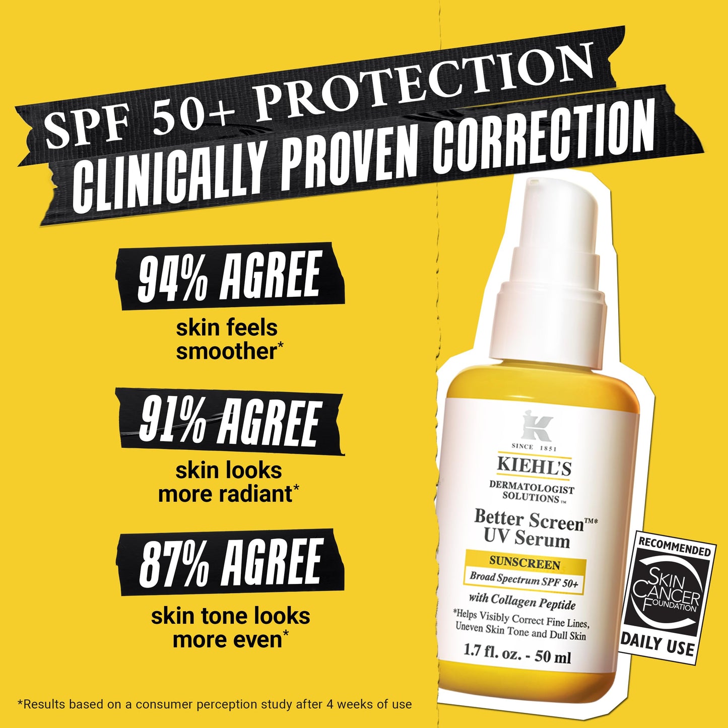 Kiehl's Better Screen UV Serum SPF 50+ — Invisible Facial Sunscreen with Collagen Peptide