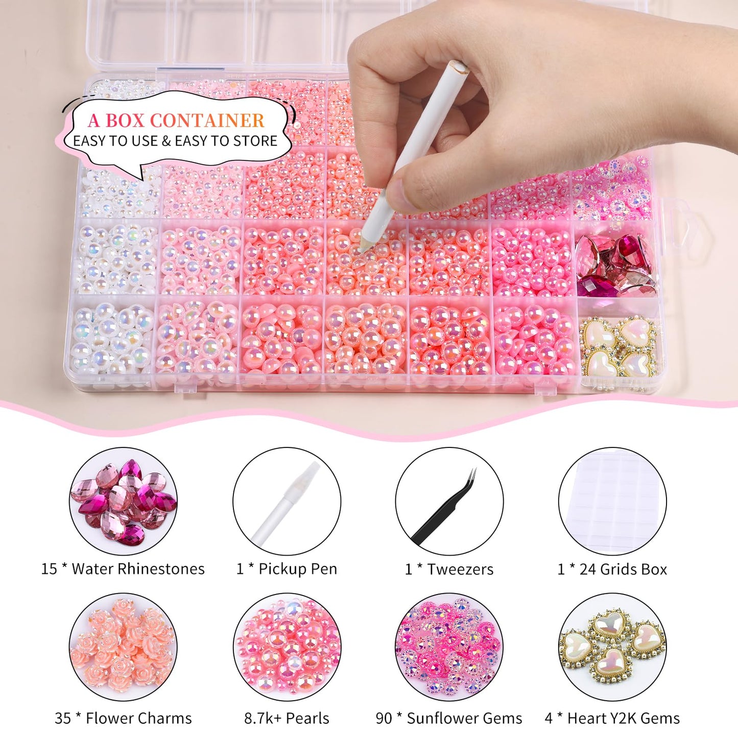 Kikonoke 8900Pcs Pink Gradient Flatback Pearls Set with 140+ Charms, Tweezer & Wax Pen for Nail Art & DIY Crafts