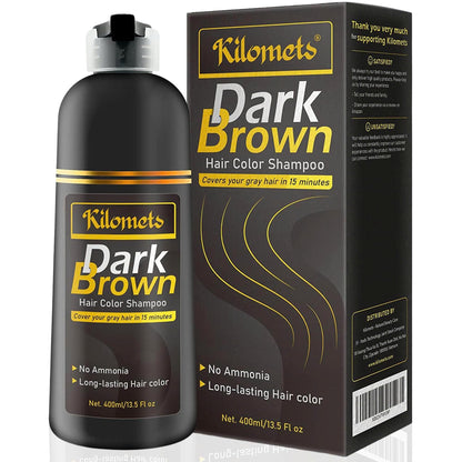 KILOMETS Dark Brown Hair Color Dye Shampoo | 100% Grey Coverage in Minutes | Ammonia Free | 400ml