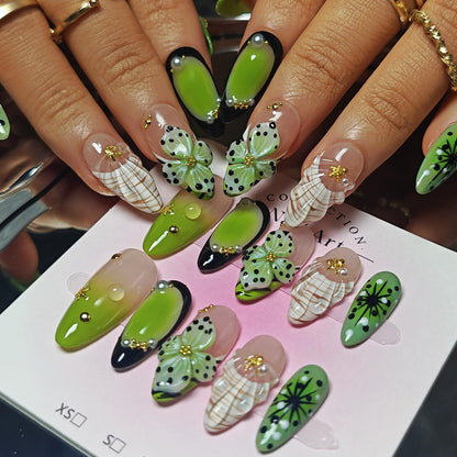 KimKista Floral Oasis S – Handmade 3D Green Almond Press-On Nails Kit