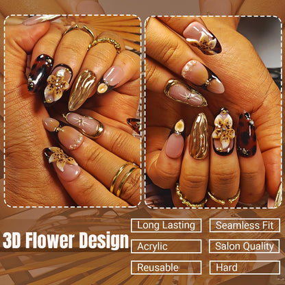 KimKista Amber Bloom-S Handmade Almond Press On Nails – 3D Flowers, Gold Chrome, Reusable Kit