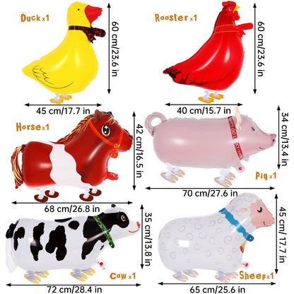 KINYFY 6 Pcs Walking Farm Animal Balloons – Rooster, Duck, Horse, Cow, Pig, Sheep | Farm Theme Party Decor