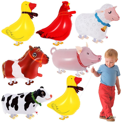 KINYFY 6 Pcs Walking Farm Animal Balloons – Rooster, Duck, Horse, Cow, Pig, Sheep | Farm Theme Party Decor