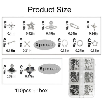 KINGNAME 110 Pcs Punk Nail Charms Kit – 3D Goth Jewelry for Nail Art, Y2K Planet & Spike Accessories