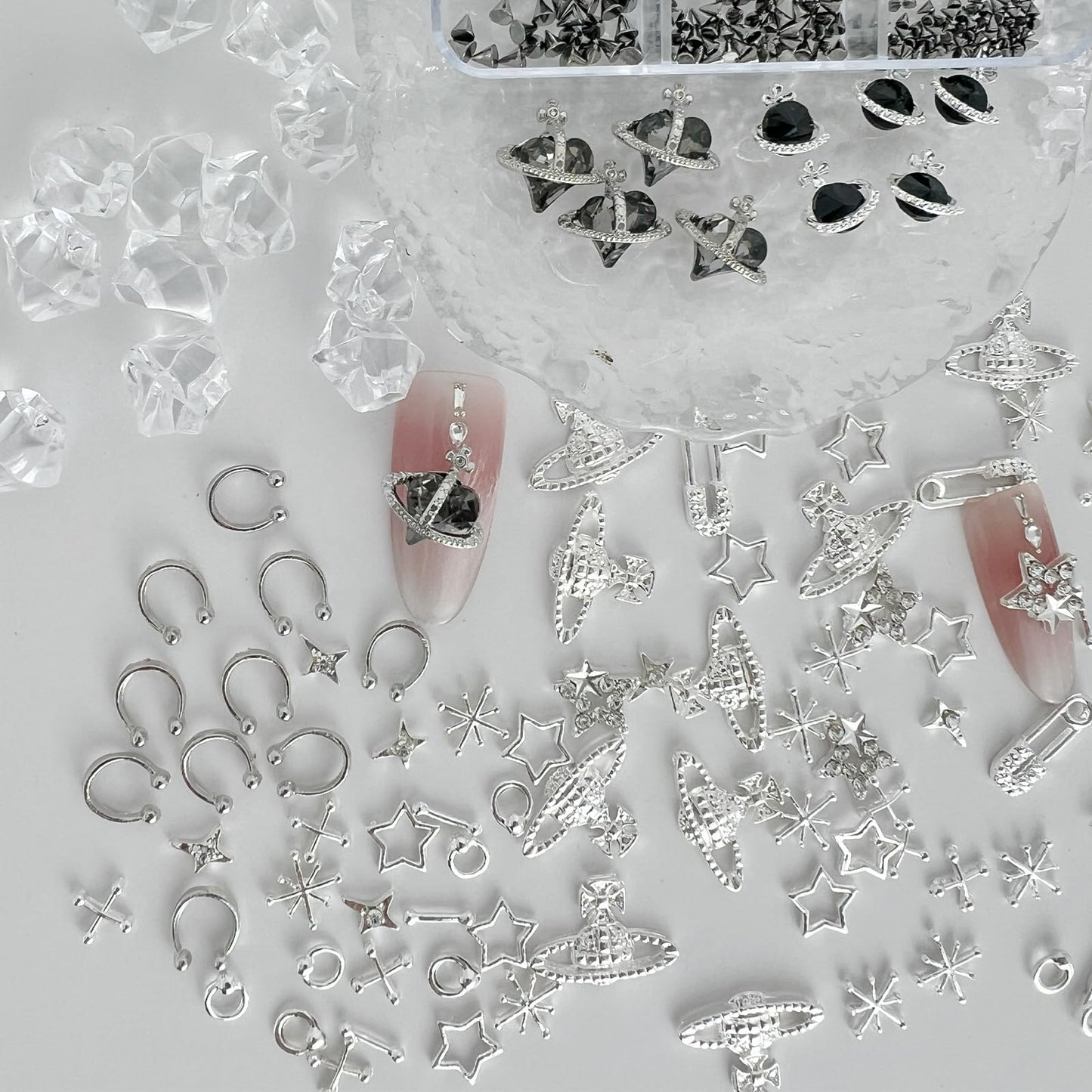 KINGNAME 110 Pcs Punk Nail Charms Kit – 3D Goth Jewelry for Nail Art, Y2K Planet & Spike Accessories