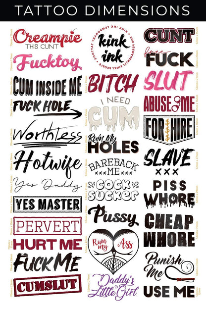Kink Ink 30 Temporary Tattoos – Adult Naughty Words & Phrases on A4 Sheet