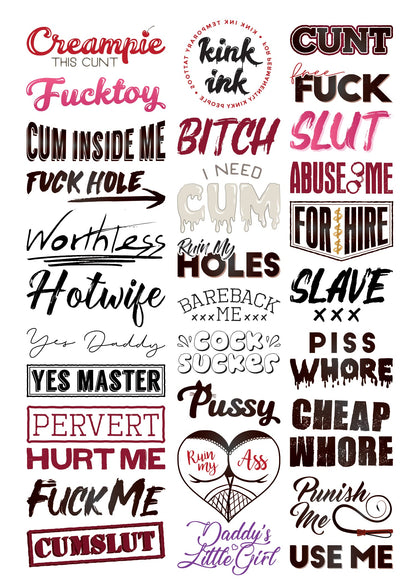 Kink Ink 30 Temporary Tattoos – Adult Naughty Words & Phrases on A4 Sheet