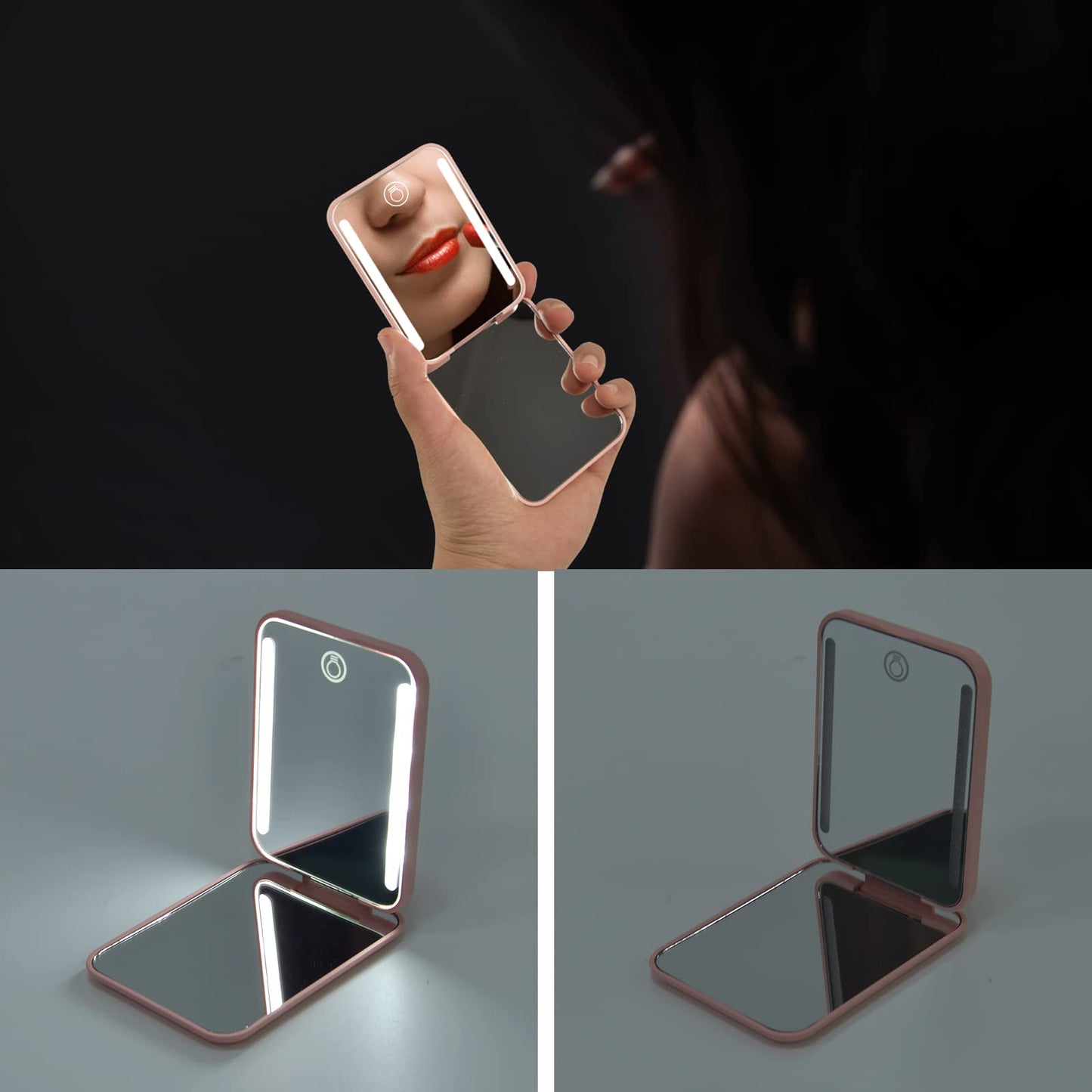 Kintion Rechargeable Pocket Mirror with Light – 1X/3X Magnification, 3-Color LED Lights, Pink