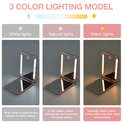 Kintion Rechargeable Pocket Mirror with Light – 1X/3X Magnification, 3-Color LED Lights, Pink