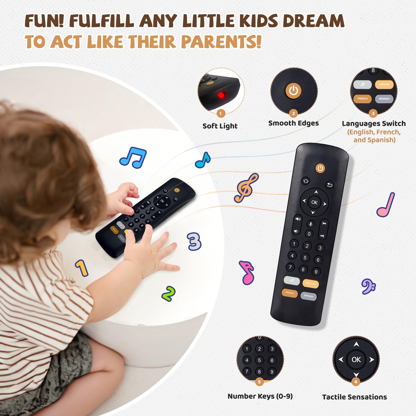KIRALUMI Baby TV Remote Toy — 3-Language Lights & Sounds for 6-18 Months