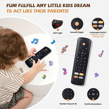 KIRALUMI Baby TV Remote Toy — 3-Language Lights & Sounds for 6-18 Months