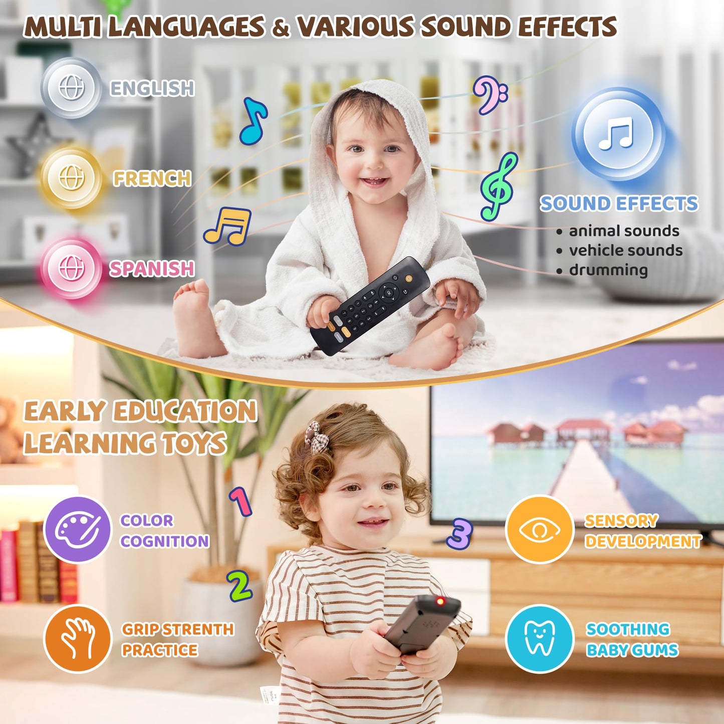 KIRALUMI Baby TV Remote Toy — 3-Language Lights & Sounds for 6-18 Months