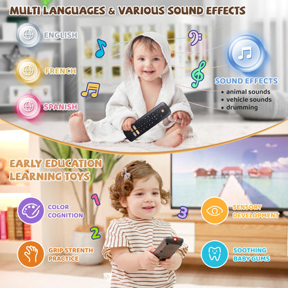 KIRALUMI Baby TV Remote Toy — 3-Language Lights & Sounds for 6-18 Months